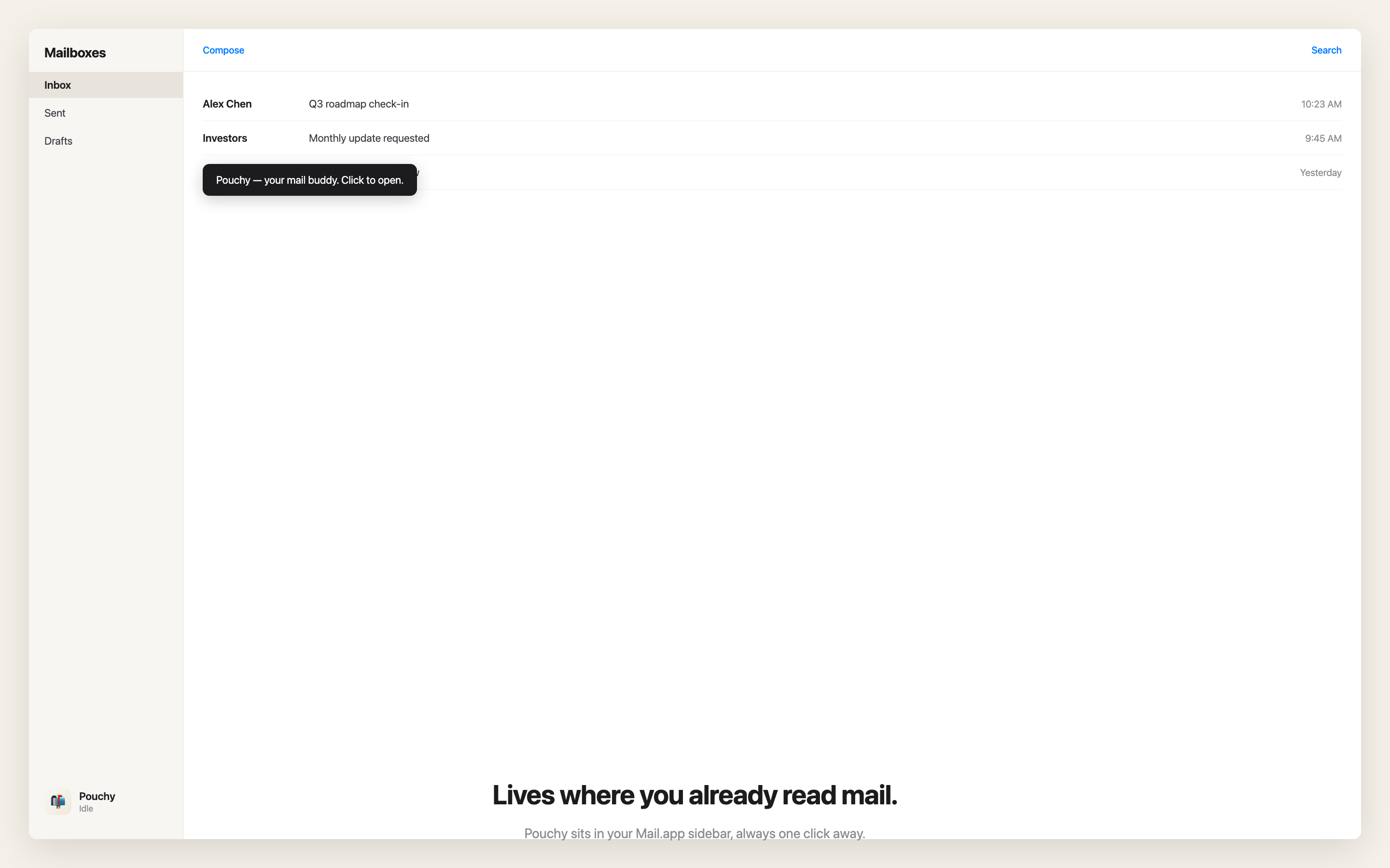 MailCue idle state — Pouchy waiting for a message selection