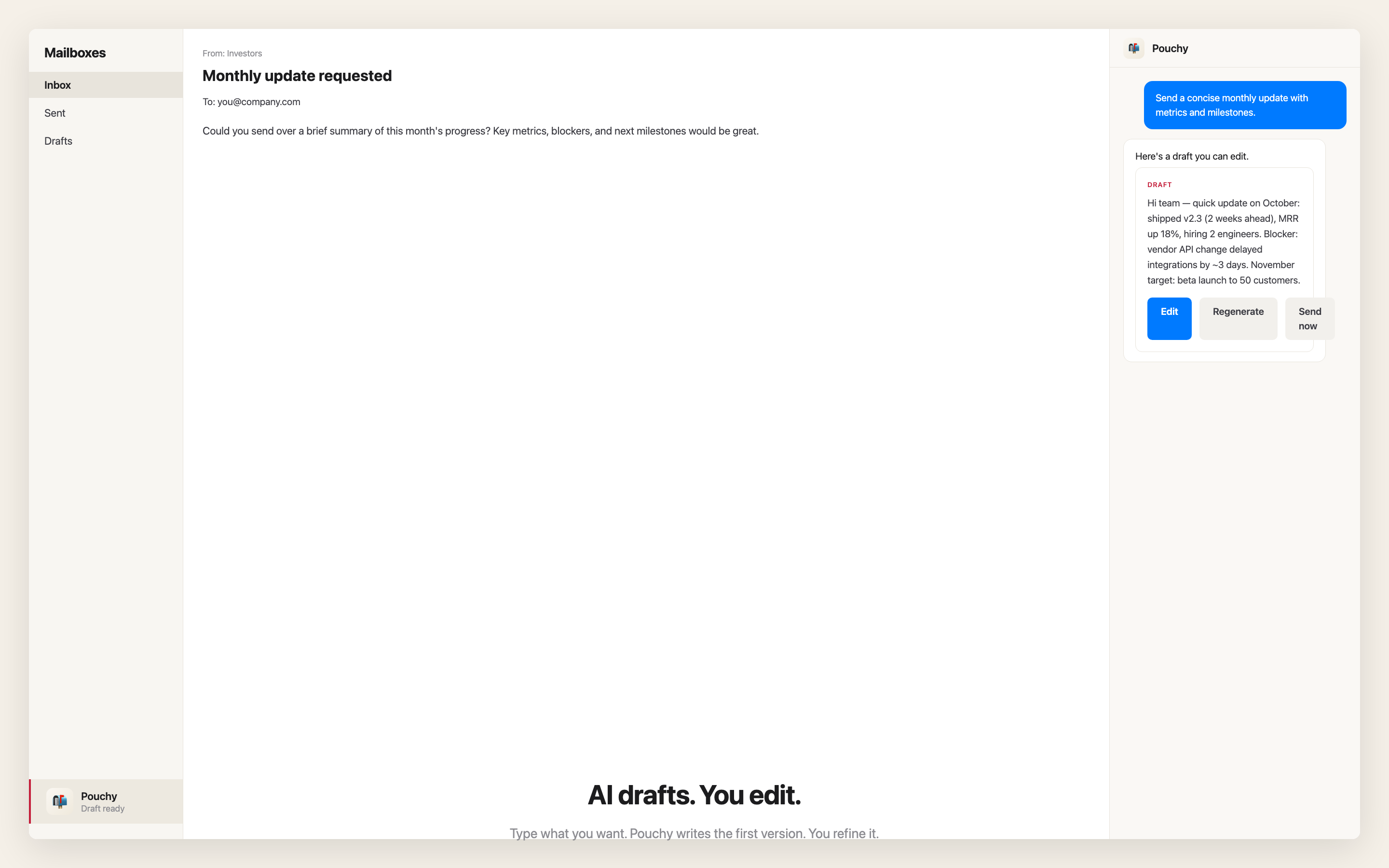 MailCue drafting — AI generating a reply draft